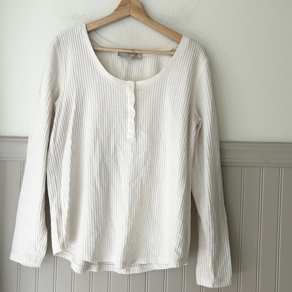 LOFT Ivory Waffle Knit Long Sleeve Henley Top women’s large